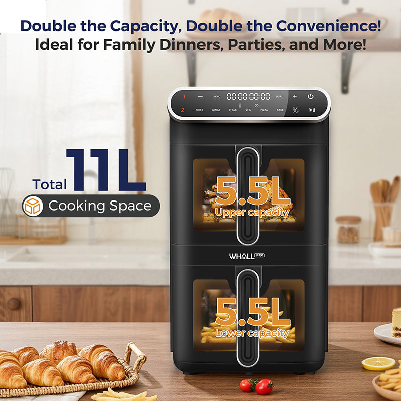 WhallPro® 11L Dual Basket Air Fryer – Independent Cook, Visible Windows, One-Touch Smart Control