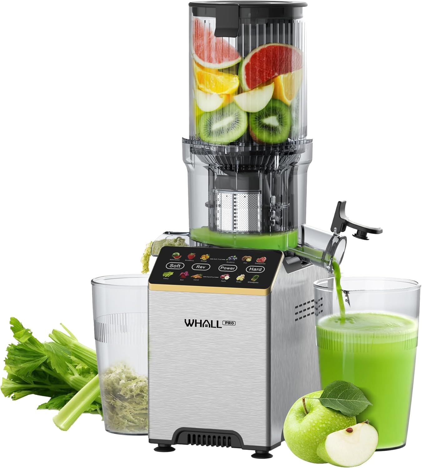 WhallPro® Cold Press Juicer Machine with Touchscreen, Slow Masticating Machines with 4.5" Extra Large Feed Chute, Reverse Function, Soft & Hard Models