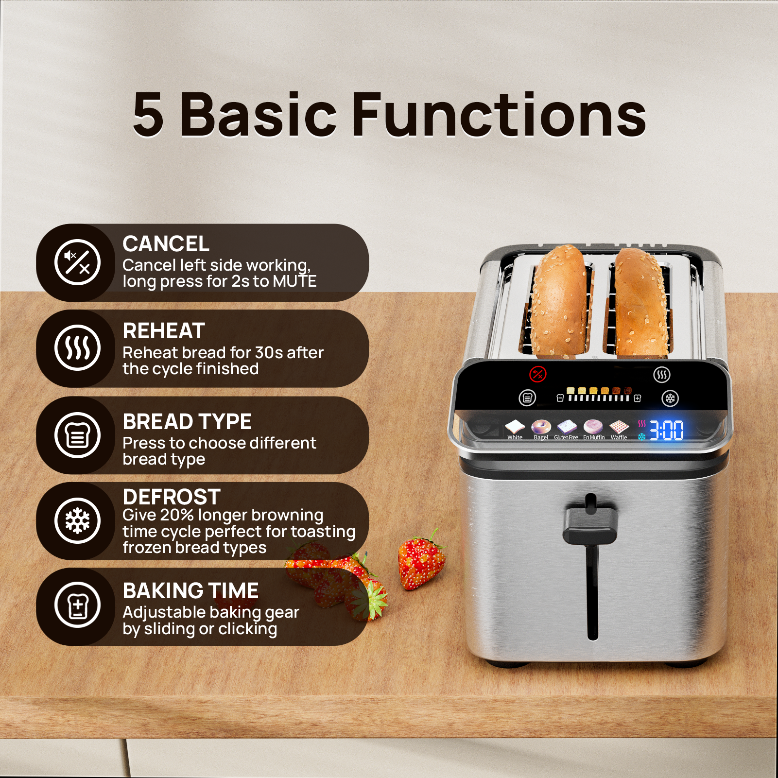 WhallPro® Stainless Steel Smart Toaster, 2 Slice | Projection Touchscreen, 1.5" Extra-Wide Slots, Digital Timer, Reheat & Defrost, Warming Rack, Removable Crumb Tray