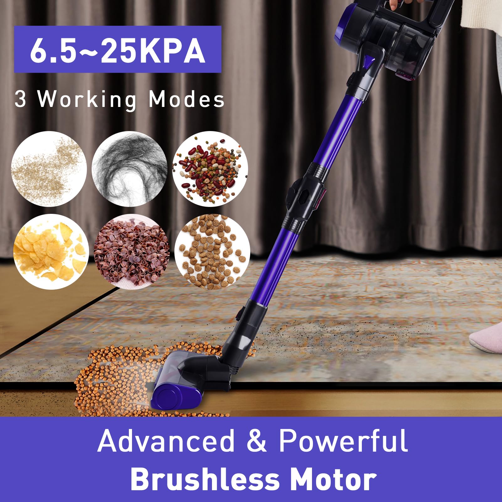 WHALL® Cordless Vacuum Cleaner, 25Kpa Super Suction 280W High-Speed Brushless Motor Cordless Stick Vacuum, Detachable Battery Up to 55min Runtime