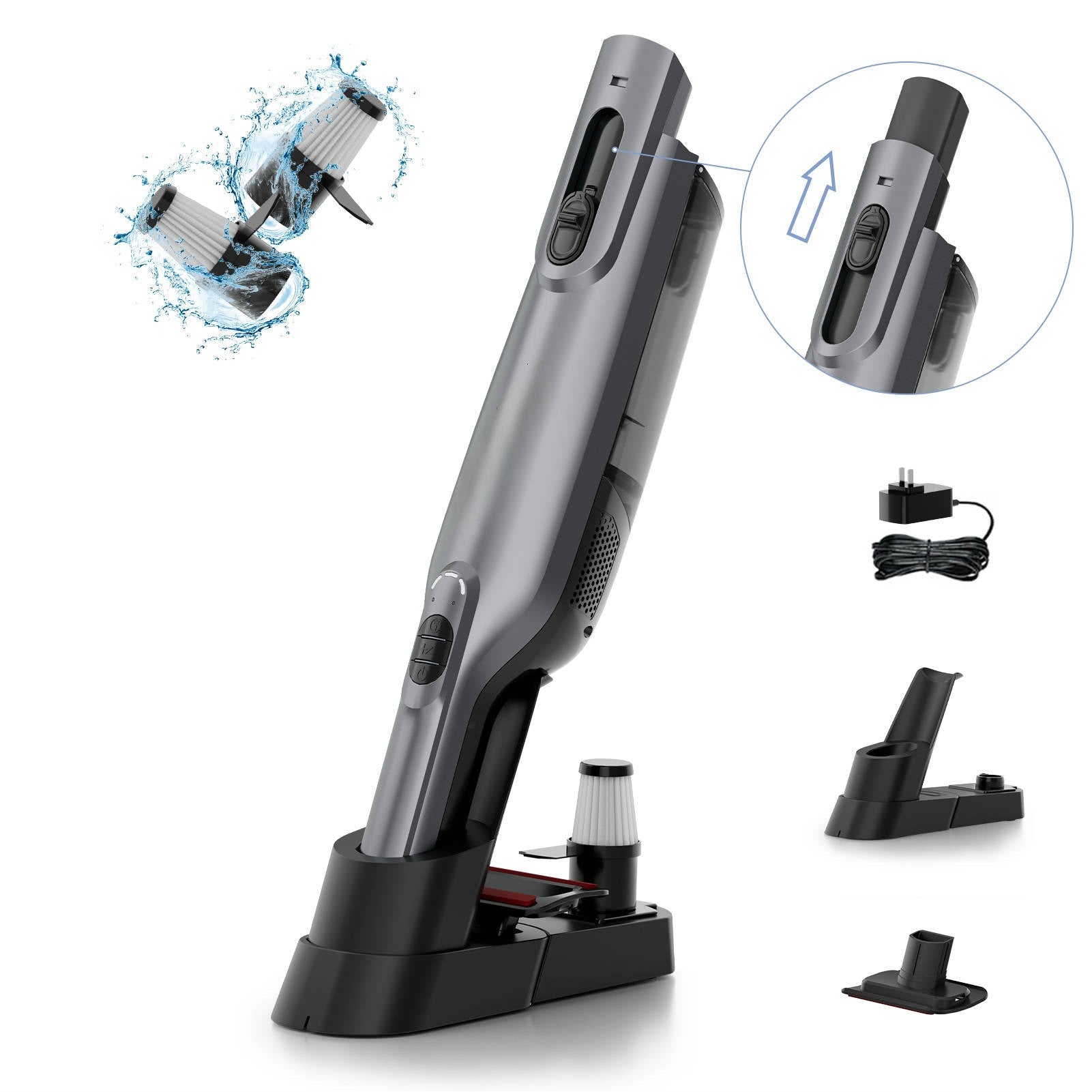WhallPro® Cordless Handheld Vacuum Cleaner, Lightweight, Rechargeable, LED Light, Powerful Suction, with Charging Dock for Home, Office, Car - Gray