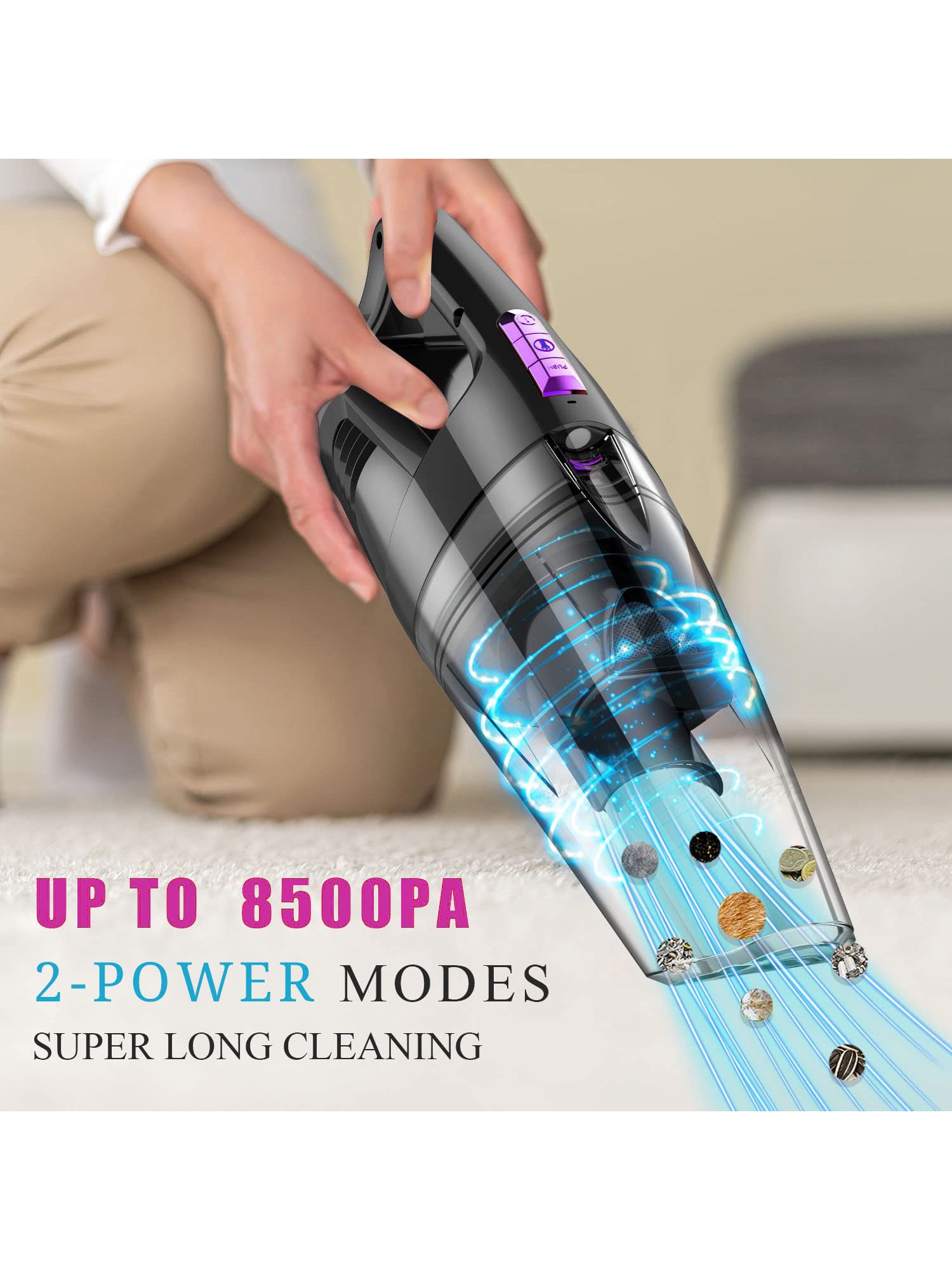 WHALL® Cordless Handheld Vacuum, Wet/Dry Cleaner with 8500PA Suction, LED Light, Lightweight/Portable