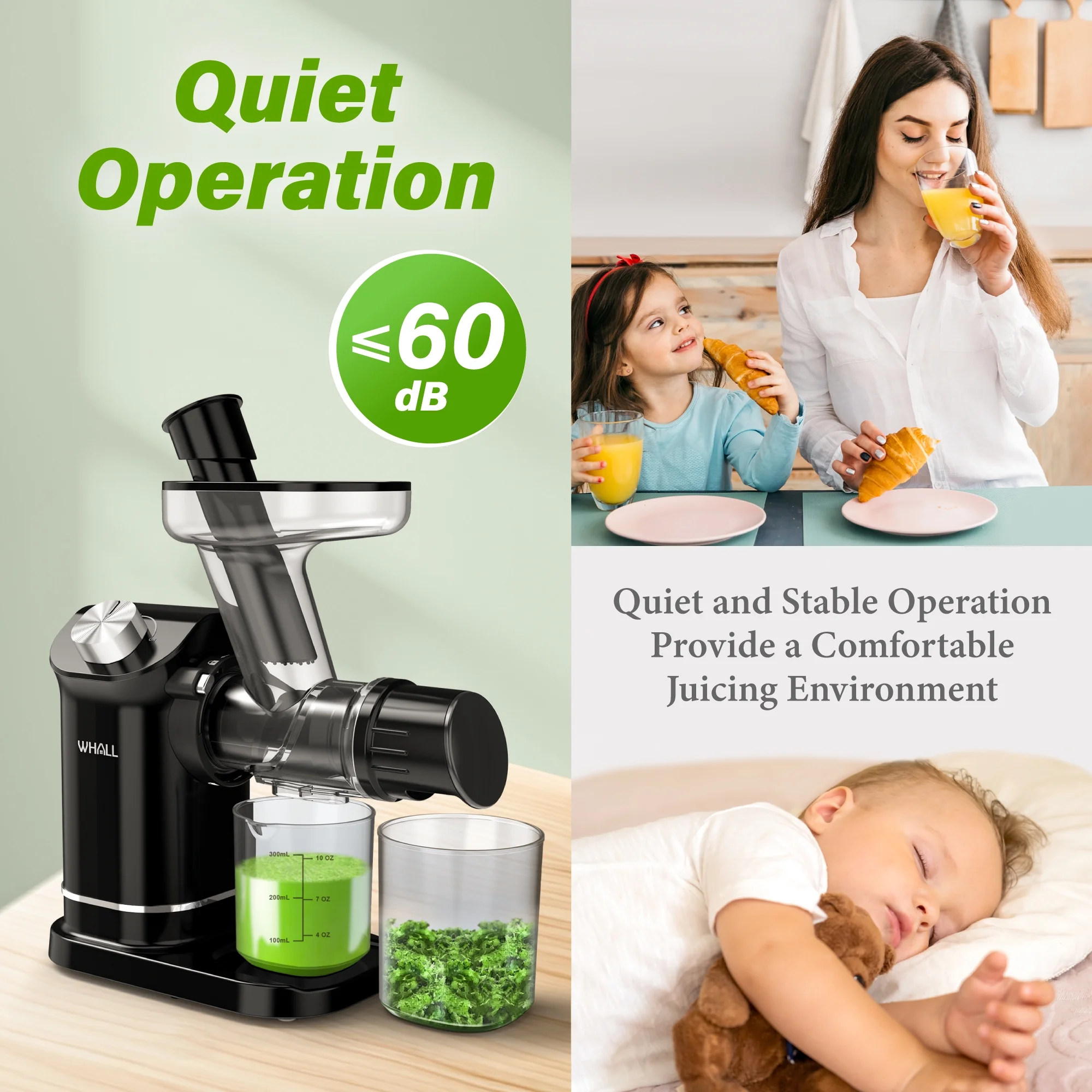 WhallPro® Cold Press Juicer, Masticating Juicer Vegetable and Fruit, Juicers with Quiet Motor & Reverse Function, Easy to Clean with Brush