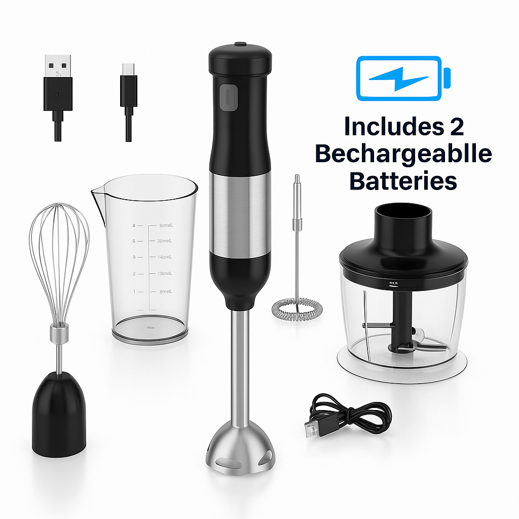 WhallPro® Cordless Immersion Hand Blender, 5-in-1 Cordless Hand Blender Set – Rechargeable, One-Touch Control and Stainless Steel Blades for Smoothies, Shakes or Soups, Black, Rechargeable Hand Blender, One-Touch Power Button & Safety Lock
