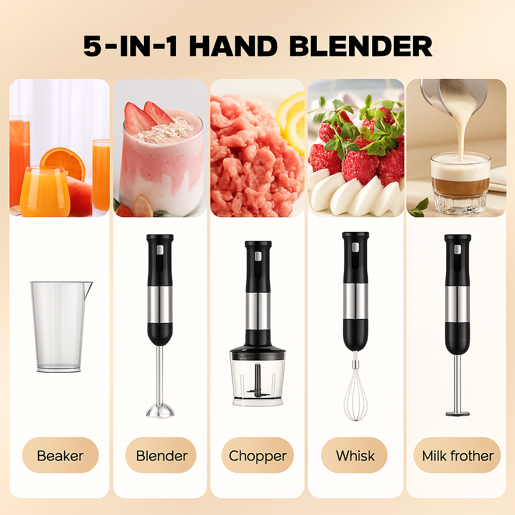 WhallPro® Cordless Immersion Hand Blender, 5-in-1 Cordless Hand Blender Set – Rechargeable, One-Touch Control and Stainless Steel Blades for Smoothies, Shakes or Soups, Black