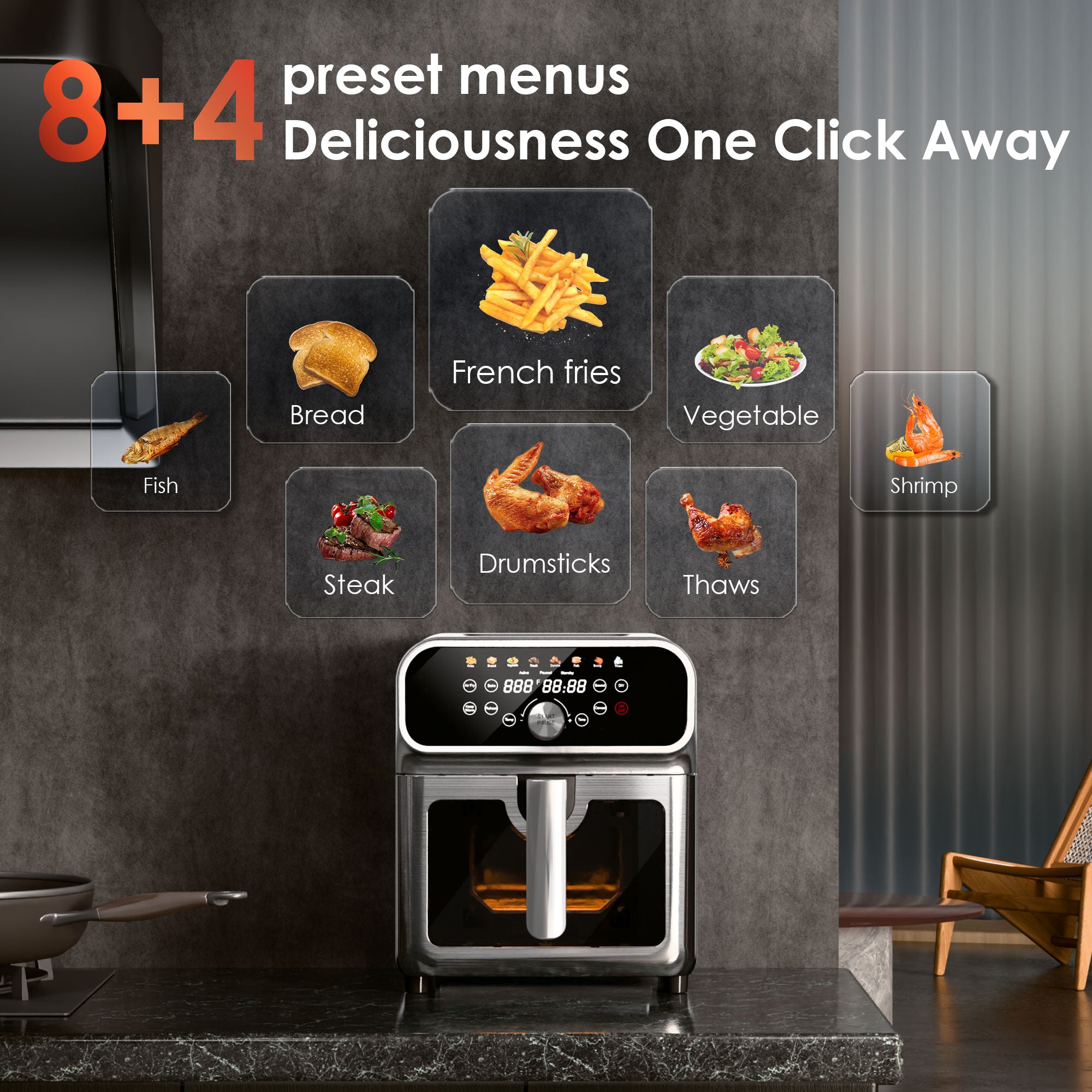 WhallPro 6QT All-Stainless Air Fryer, 8-in-1 Hot Oven with Digital LED Touchscreen & Visible Window