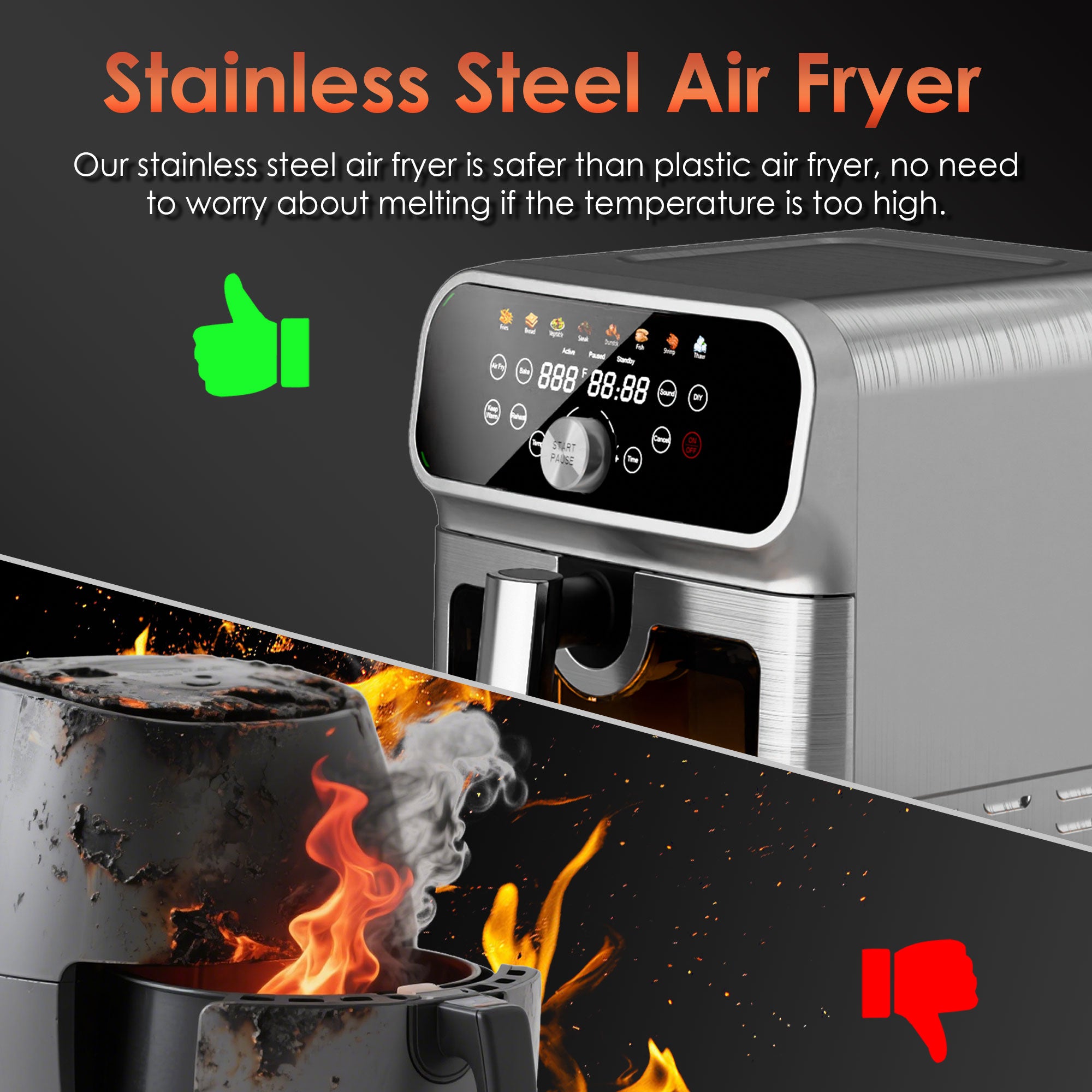 WhallPro 6QT All-Stainless Air Fryer, 8-in-1 Hot Oven with Digital LED Touchscreen & Visible Window