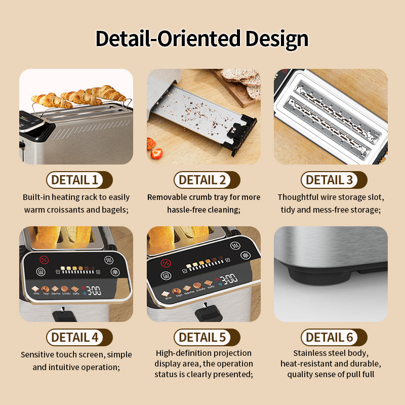 WhallPro® Stainless Steel Smart Toaster, 2 Slice | Projection Touchscreen, 1.5" Extra-Wide Slots, Digital Timer, Reheat & Defrost, Warming Rack, Removable Crumb Tray