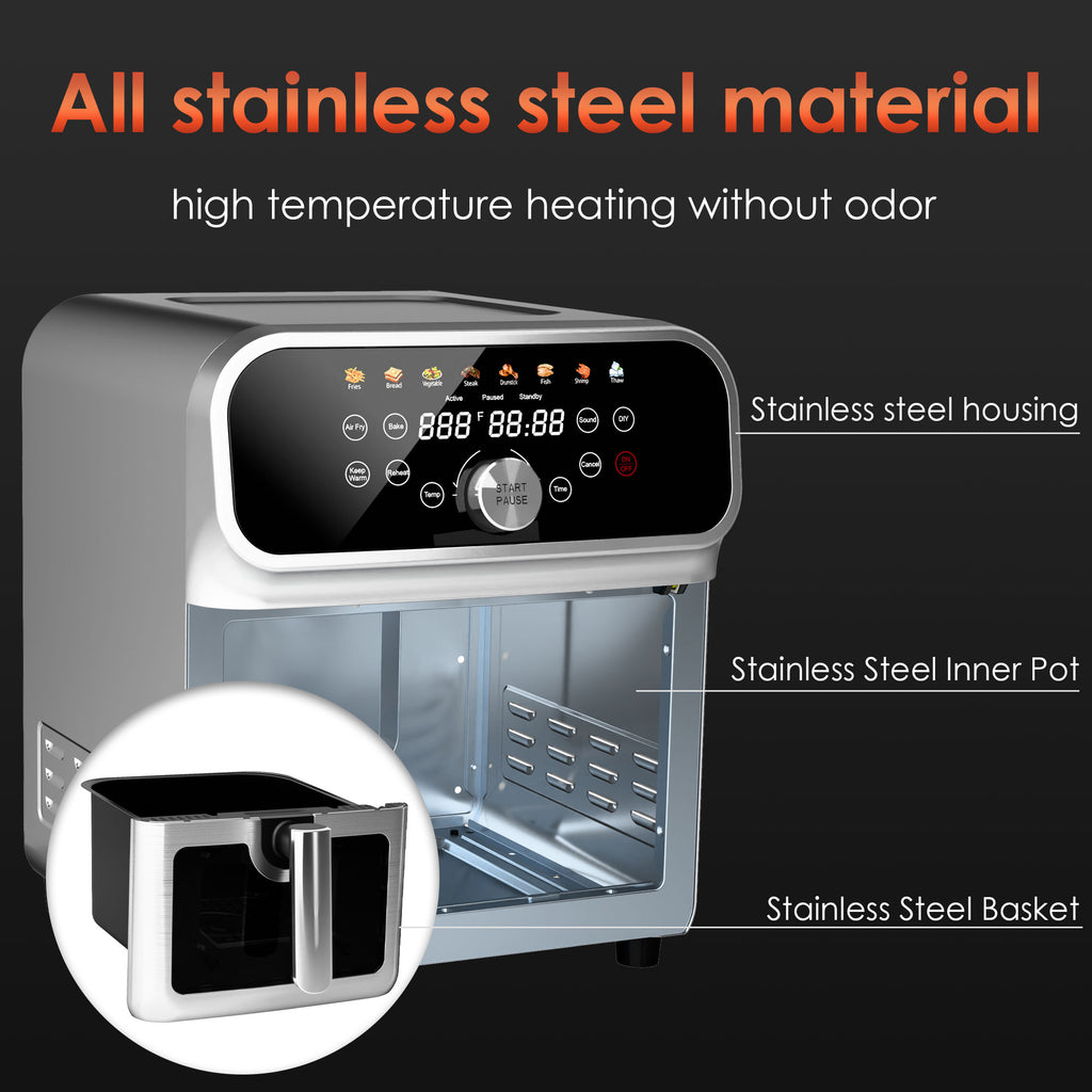 WhallPro 6QT All-Stainless Air Fryer, 8-in-1 Hot Oven with Digital LED Touchscreen & Visible Window