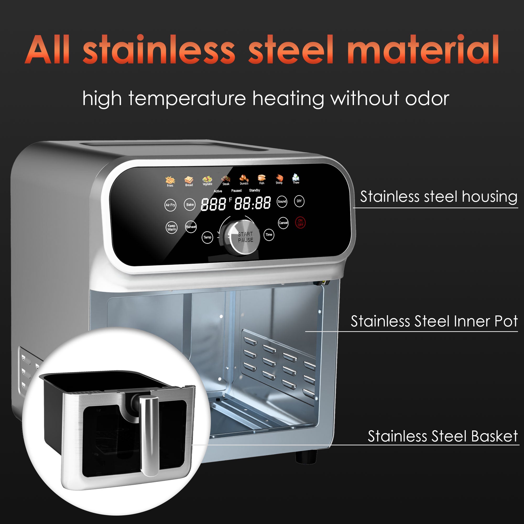 WhallPro 6QT All-Stainless Air Fryer, 8-in-1 Hot Oven with Digital LED Touchscreen & Visible Window