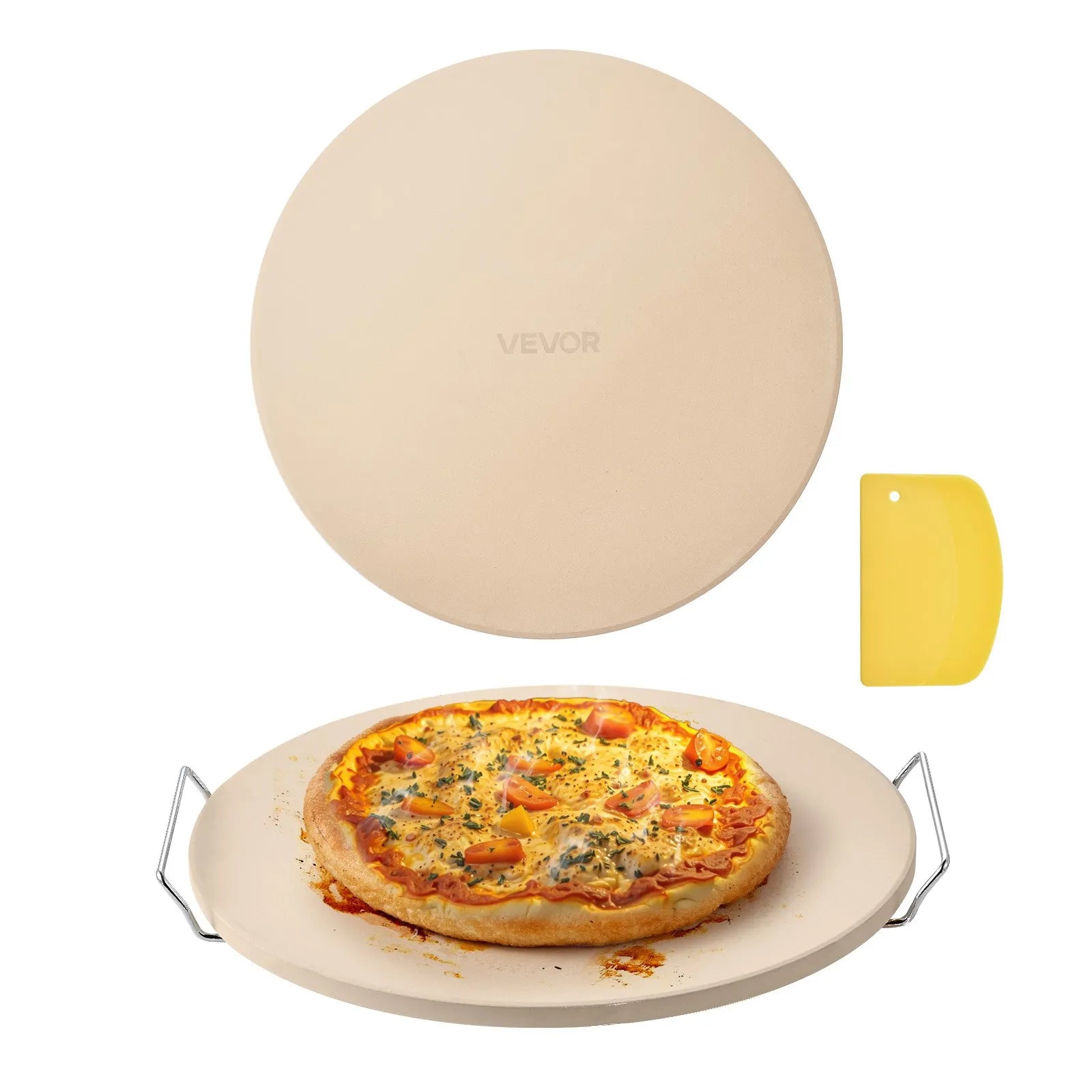 NEW Pizza Stone, 15 in Round Pizza Stone, 0.67 in Large Cordierite Baking-Stone with Metal Peel, Scrape, 1450℉ Heat-Resistant Cooking Stones, for Kitchen Oven, Baking Pizzas, BBQ Grilling