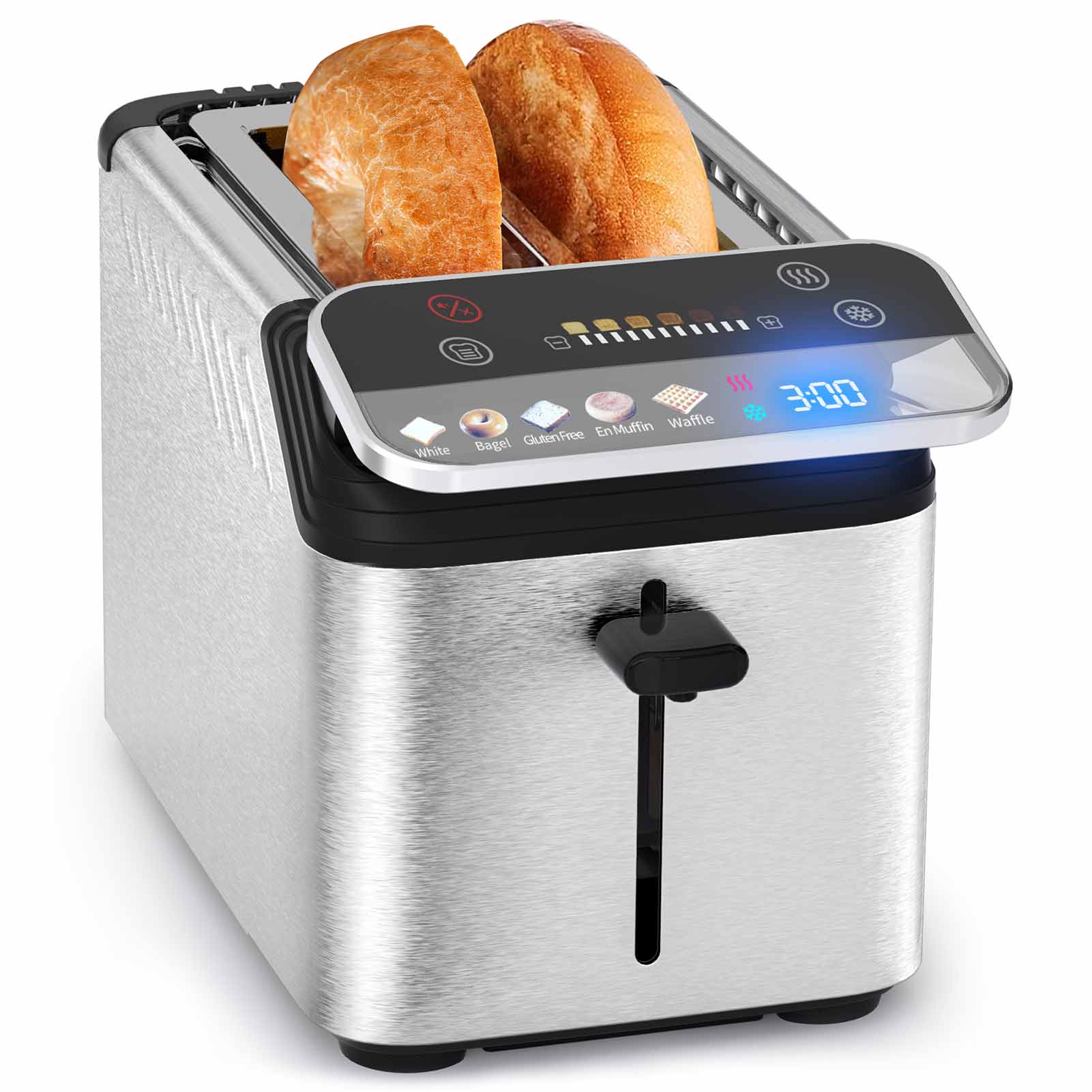 WhallPro® Stainless Steel Smart Toaster, 2 Slice | Projection Touchscreen, 1.5" Extra-Wide Slots, Digital Timer, Reheat & Defrost, Warming Rack, Removable Crumb Tray