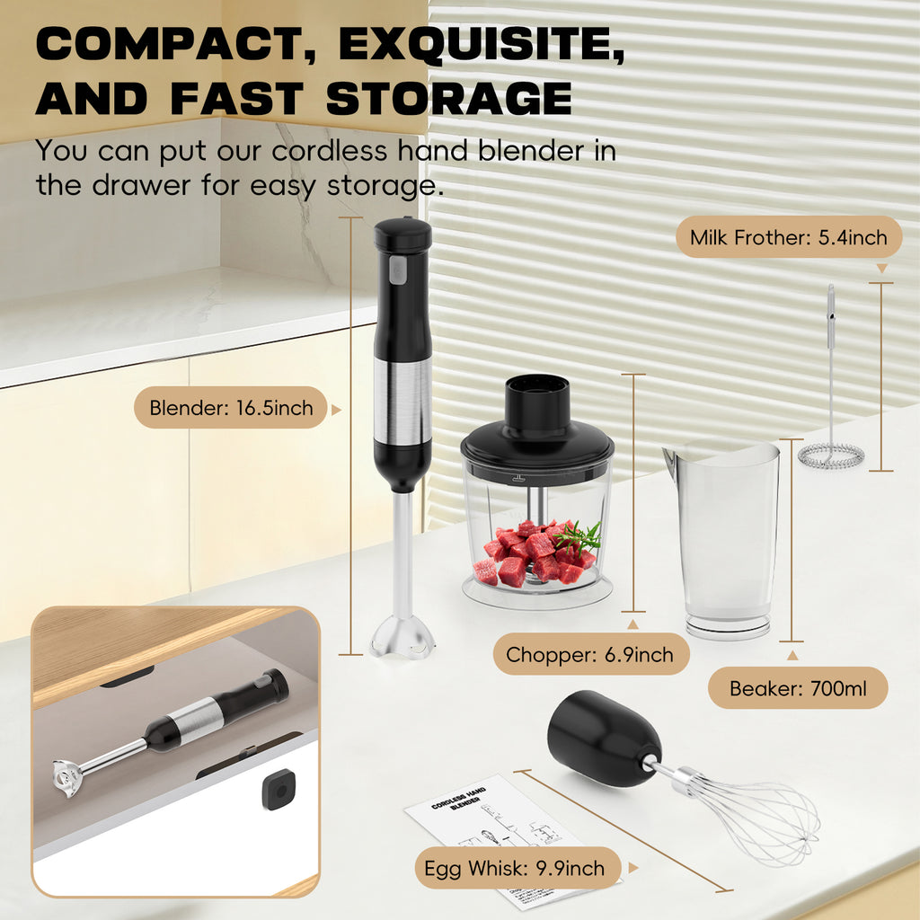 WhallPro® Cordless Immersion Hand Blender, 5-in-1 Cordless Hand Blender Set – Rechargeable, One-Touch Control and Stainless Steel Blades for Smoothies, Shakes or Soups, Black