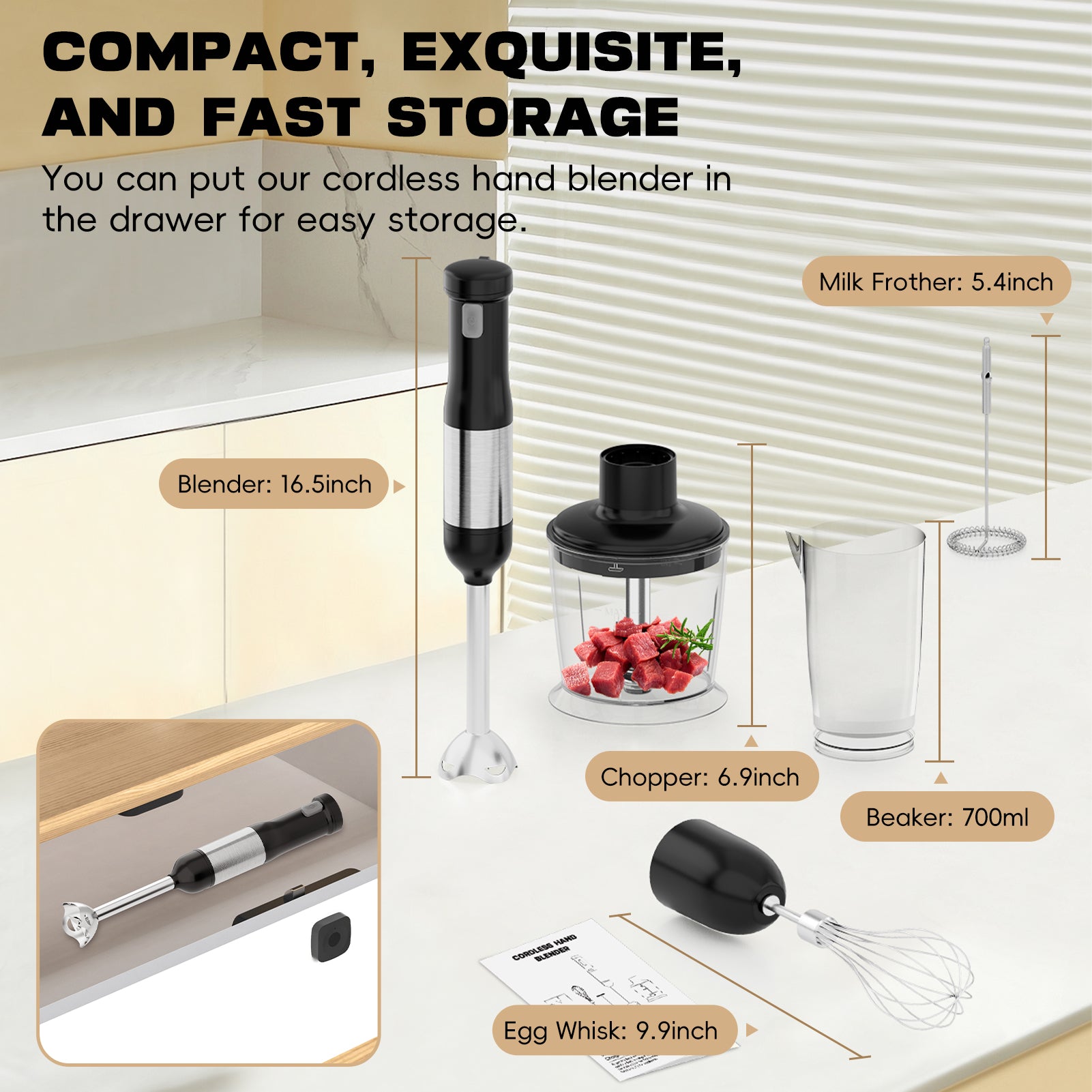 WhallPro® Cordless Immersion Hand Blender, 5-in-1 Cordless Hand Blender Set – Rechargeable, One-Touch Control and Stainless Steel Blades for Smoothies, Shakes or Soups, Black