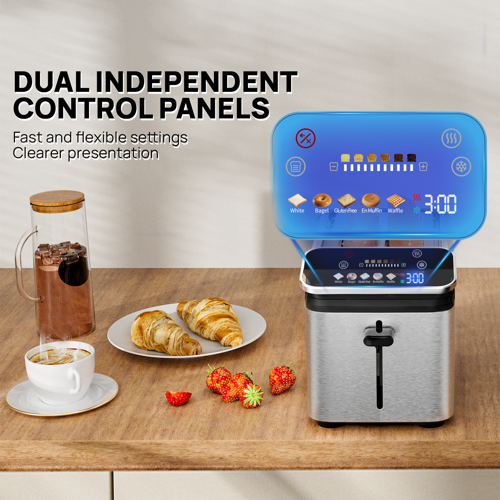 WhallPro® Stainless Steel Smart Toaster, 2 Slice | Projection Touchscreen, 1.5" Extra-Wide Slots, Digital Timer, Reheat & Defrost, Warming Rack, Removable Crumb Tray