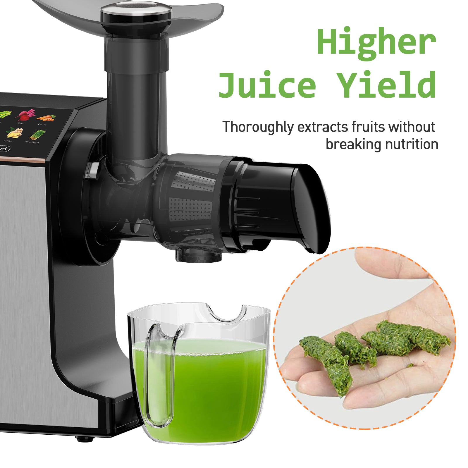 WhallPro® Masticating Slow Juicer –Stainless Steel, Touchscreen with 2 Speed Modes