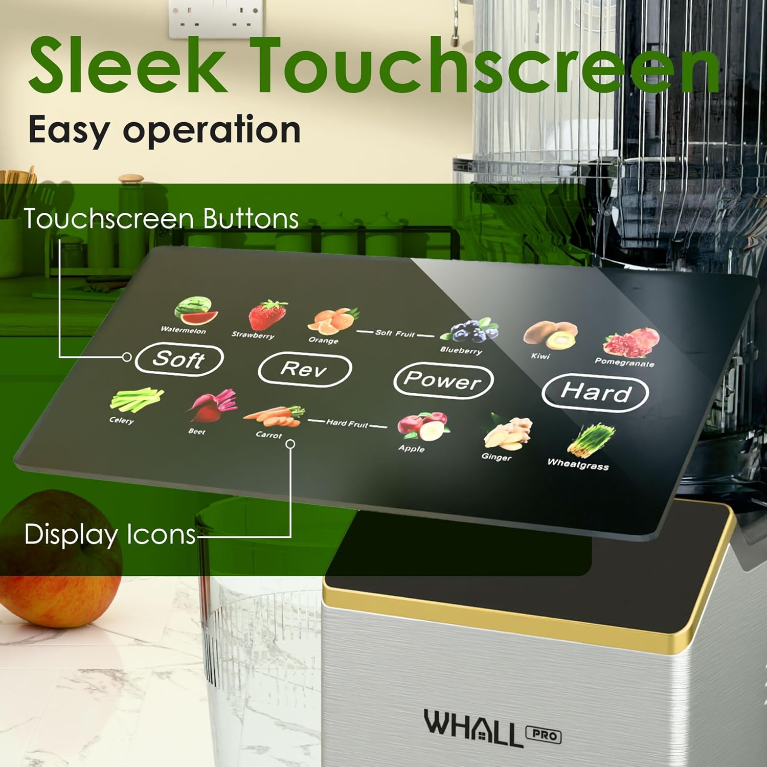 WhallPro® Cold Press Juicer Machine with Touchscreen, Slow Masticating Machines with 4.5" Extra Large Feed Chute, Reverse Function, Soft & Hard Models