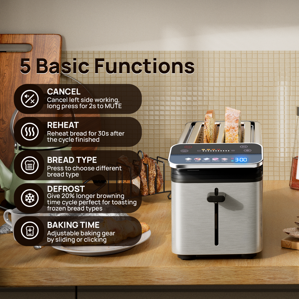 WhallPro® Stainless Steel Smart Toaster, 2 Slice | Projection Touchscreen, 1.5" Extra-Wide Slots, Digital Timer, Reheat & Defrost, Warming Rack, Removable Crumb Tray