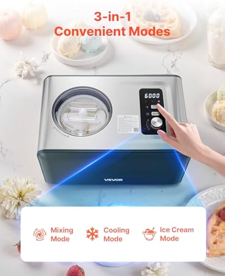 NEW  Automatic Ice Cream Maker with Built-in Compressor, 1.5 Quart No Pre-freezing Gelato Maker, Electric Sorbet-Maker, 3 Modes Compressor Ice Cream Machine for Home Kitchen