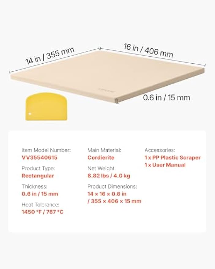 NEW Pizza Stone, 16 x 14 x 0.6 Inch Rectangular Cordierite Pizza Stone, Large Baking-Stone with Scraper, 1450℉ Heat-Resistant Cordierite Cooking Stones for Kitchen Bake Oven, BBQ Grill