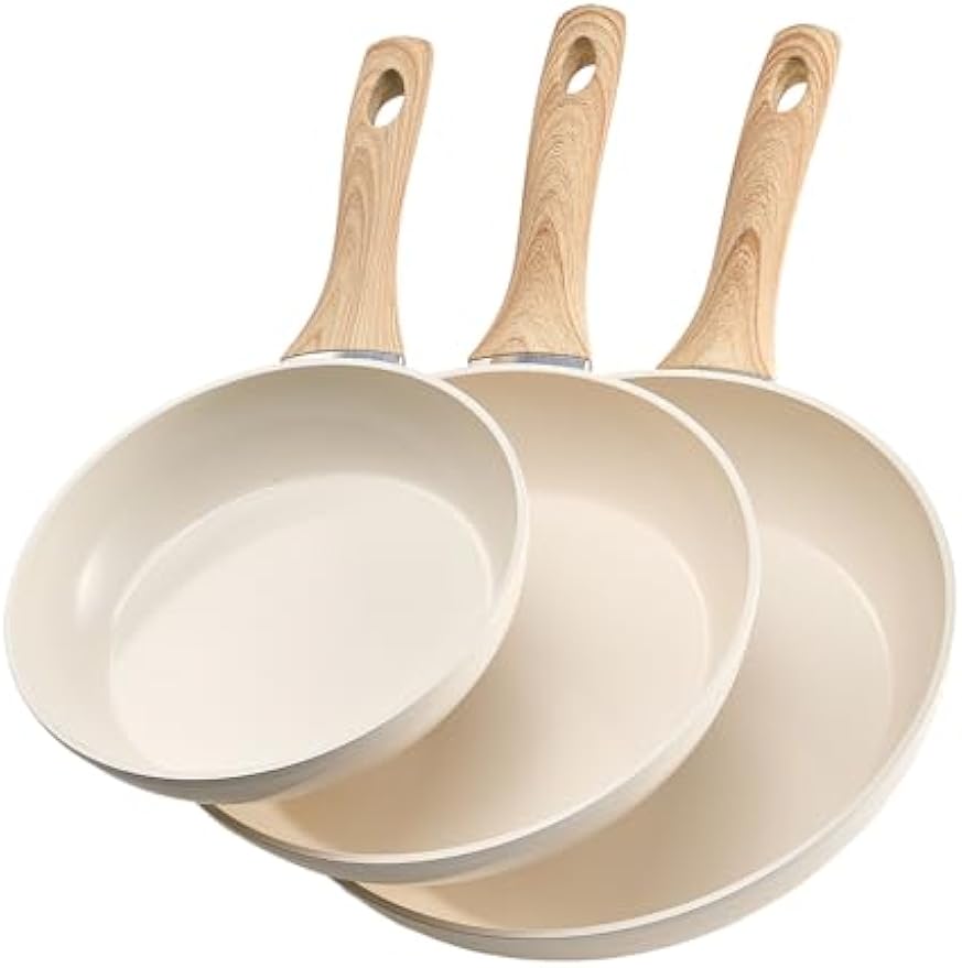 NEW Frying Pan Skillet, Aluminum Egg Fry Pans, 3 Piece (8, 9.5, 11 in), Nonsitck Ceramic Heavy-Duty Skillets with Heat-Resistant Handle, Chef's Kitchen Cookware for Gas, Electric, Induction, Beige