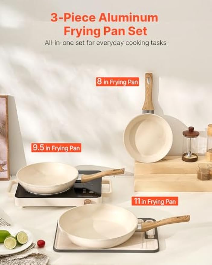 NEW Frying Pan Skillet, Aluminum Egg Fry Pans, 3 Piece (8, 9.5, 11 in), Nonsitck Ceramic Heavy-Duty Skillets with Heat-Resistant Handle, Chef's Kitchen Cookware for Gas, Electric, Induction, Beige