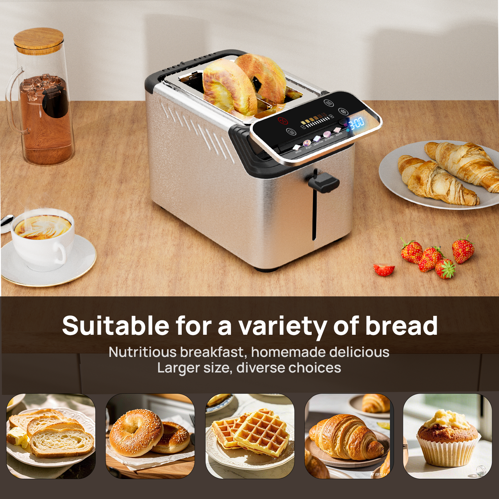 WhallPro® Stainless Steel Smart Toaster, 2 Slice | Projection Touchscreen, 1.5" Extra-Wide Slots, Digital Timer, Reheat & Defrost, Warming Rack, Removable Crumb Tray