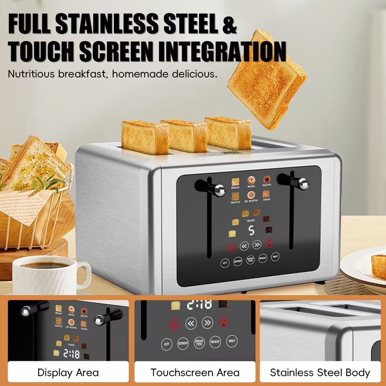 WhallPro® Touch Screen Toaster 2 Slice | Stainless Steel, Digital Timer, Sound | 6 Bread Types & Shades