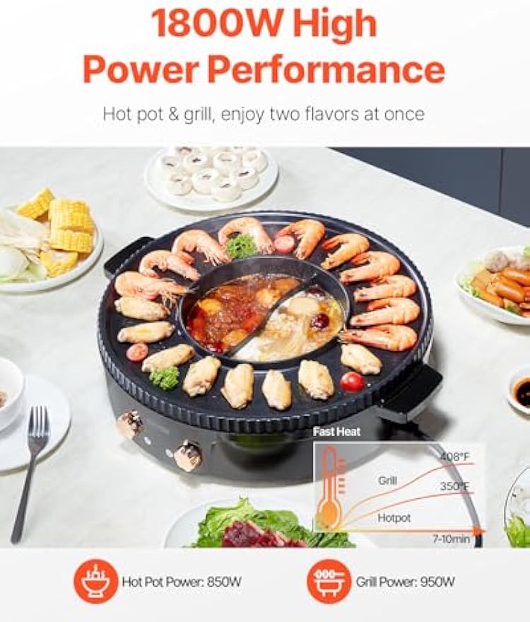 NEW Hot Pot with Grill, 1800W 2-in-1 Electric Smokeless Grill and Hot Pot, Korean BBQ Shabu Shabu Hotpot with Separate Dual Temperature Control, Non-stick Pan, for 2-8 People Family Dining
