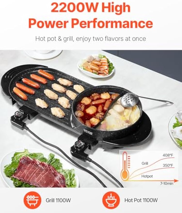 NEW Hot Pot with Grill, 2200W 2-in-1 Electric Smokeless Grill and Hot Pot, Korean BBQ Shabu Shabu Hotpot with Separate Dual Temperature Control, Non-stick Pan, for 1-6 People Family Dinning