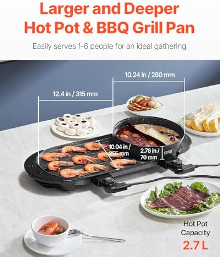 NEW Hot Pot with Grill, 2200W 2-in-1 Electric Smokeless Grill and Hot Pot, Korean BBQ Shabu Shabu Hotpot with Separate Dual Temperature Control, Non-stick Pan, for 1-6 People Family Dinning