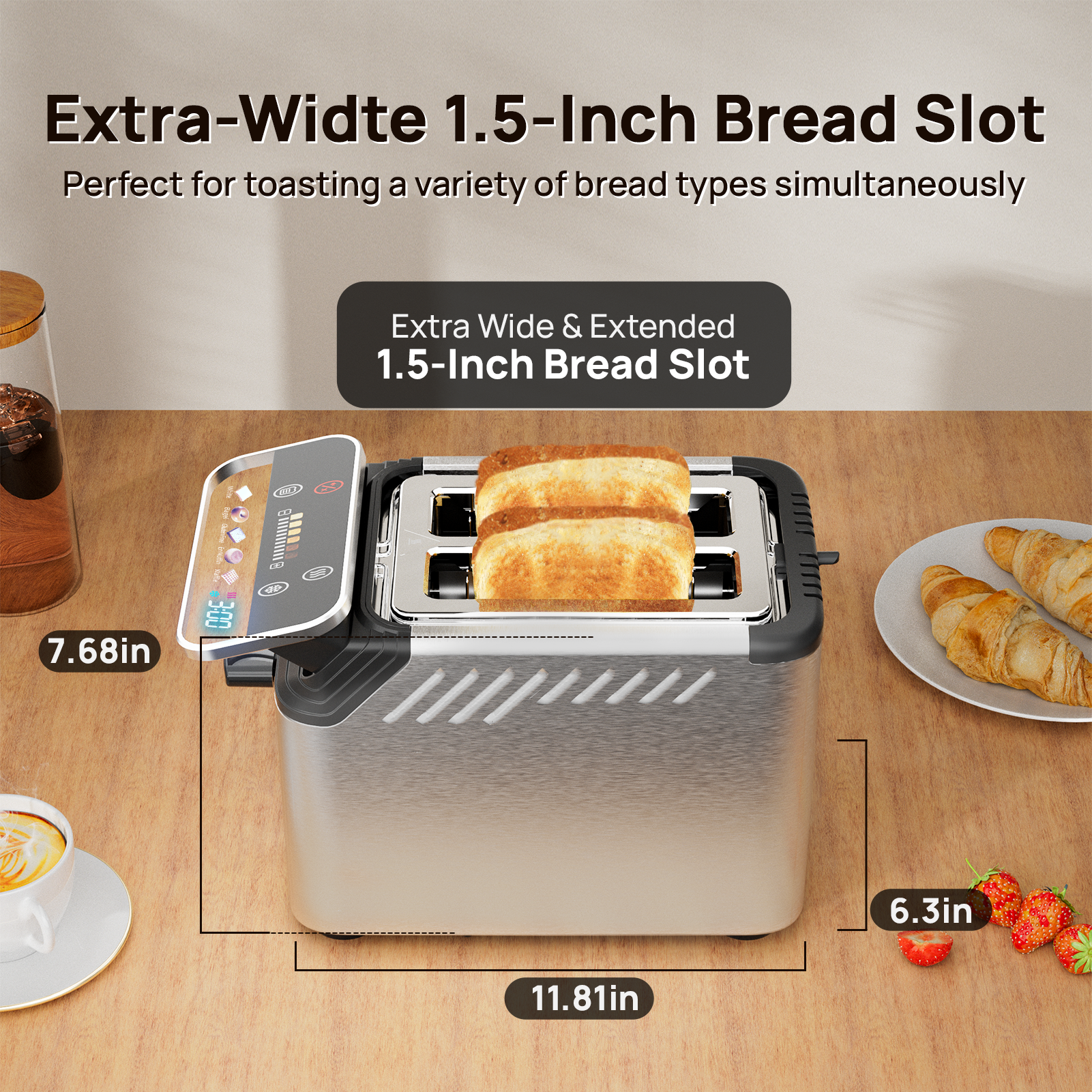 WhallPro® Stainless Steel Smart Toaster, 2 Slice | Projection Touchscreen, 1.5" Extra-Wide Slots, Digital Timer, Reheat & Defrost, Warming Rack, Removable Crumb Tray
