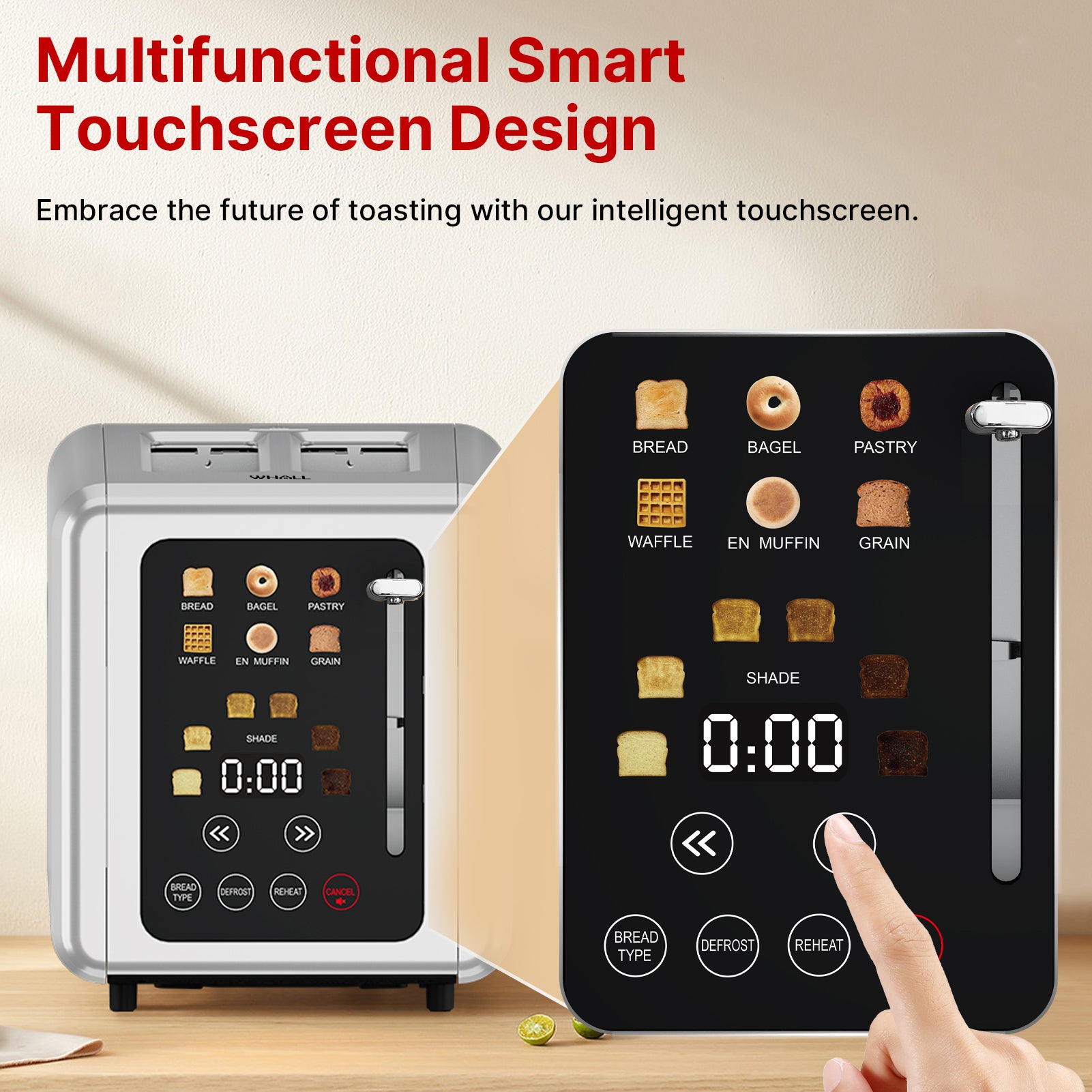 WhallPro® Touch Screen Toaster 2 & 4 Slice | Stainless Steel, Digital Timer, Sound | 6 Bread Types & Shades
