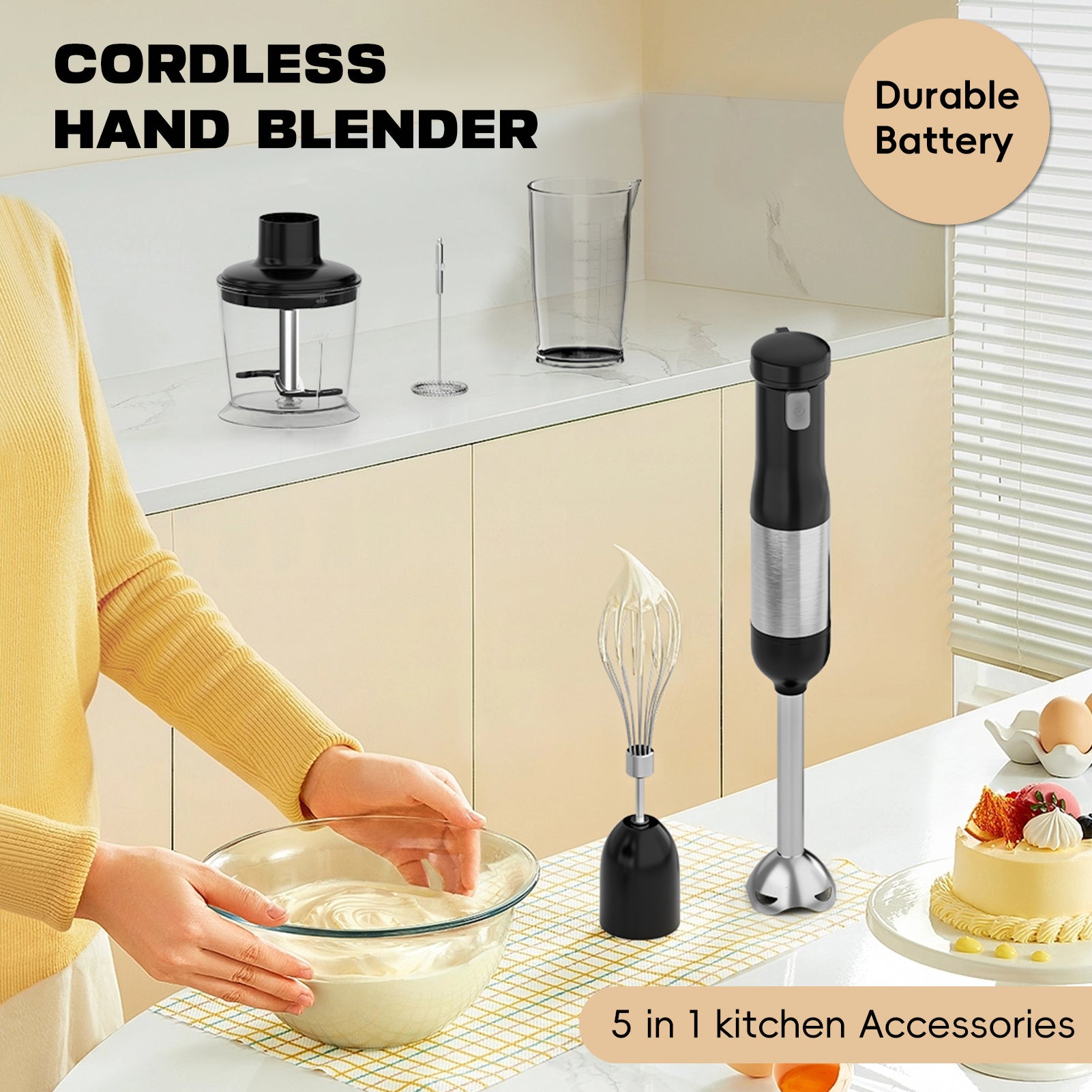 WhallPro® Cordless Immersion Hand Blender, 5-in-1 Cordless Hand Blender Set – Rechargeable, One-Touch Control and Stainless Steel Blades for Smoothies, Shakes or Soups, Black