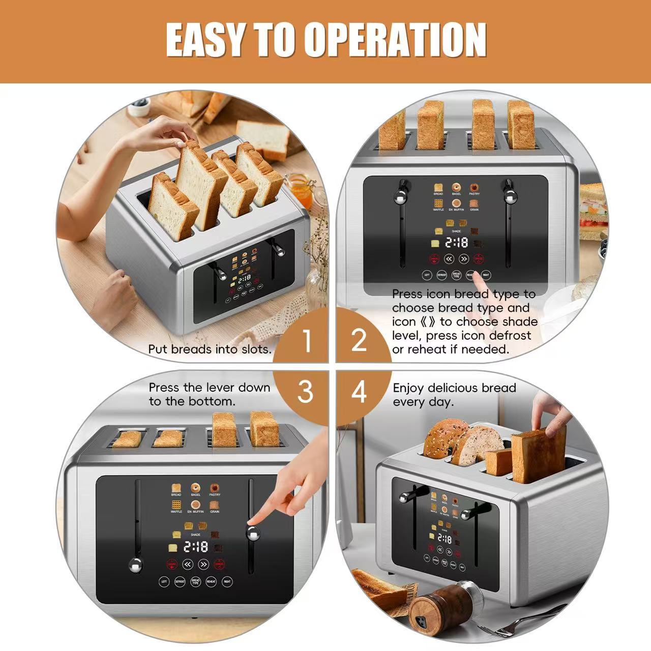 WhallPro® Touch Screen Toaster 2 & 4 Slice | Stainless Steel, Digital Timer, Sound | 6 Bread Types & Shades