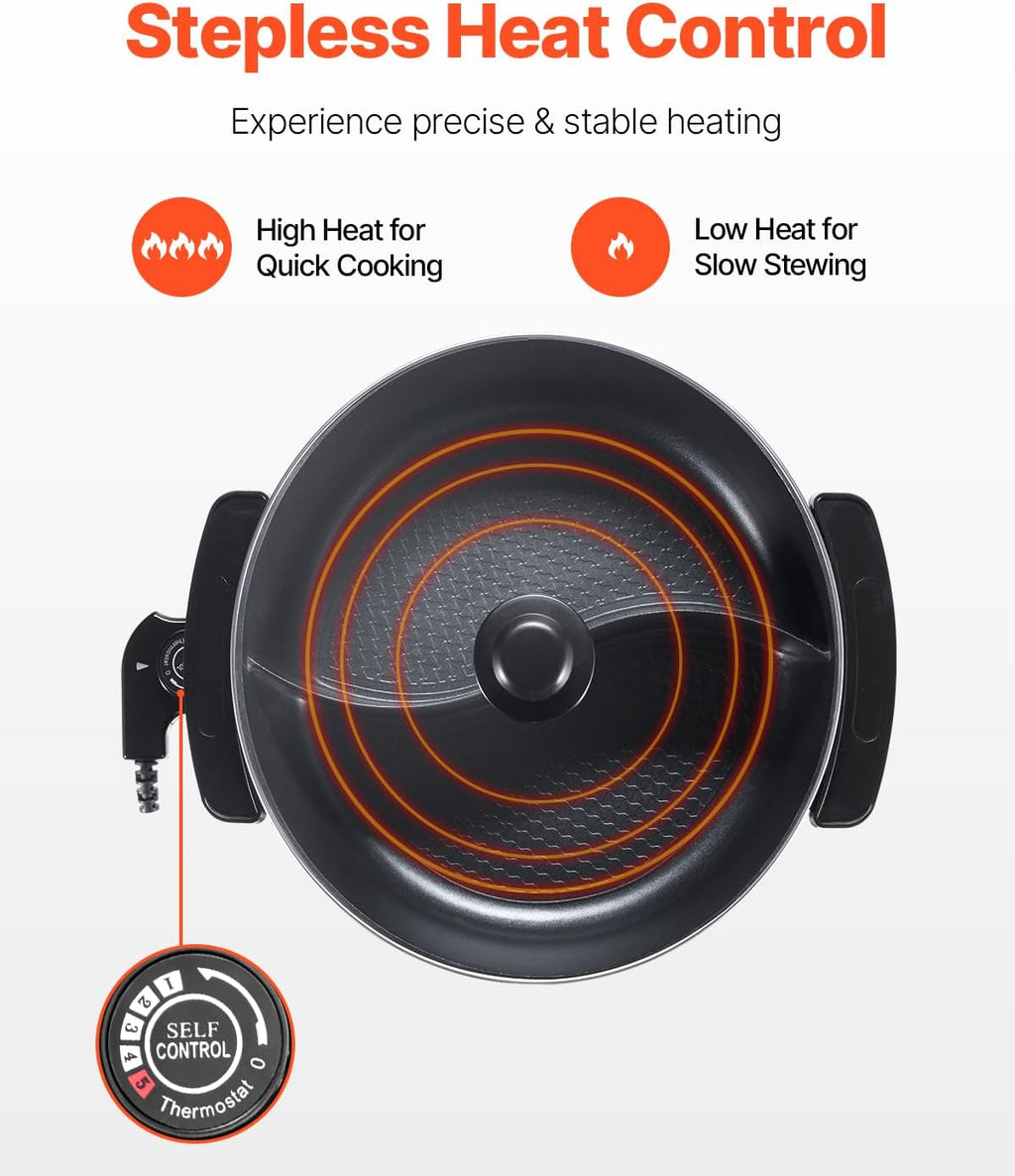 NEW Electric Hot Pot, 1360W 5 L Double-flavor Shabu Shabu Pot, Non-Stick Electric Cooker with Divider, Clear Glass Lid, Temperature control, Chinese Hotpot for 6-10 People Family Dinning & Party