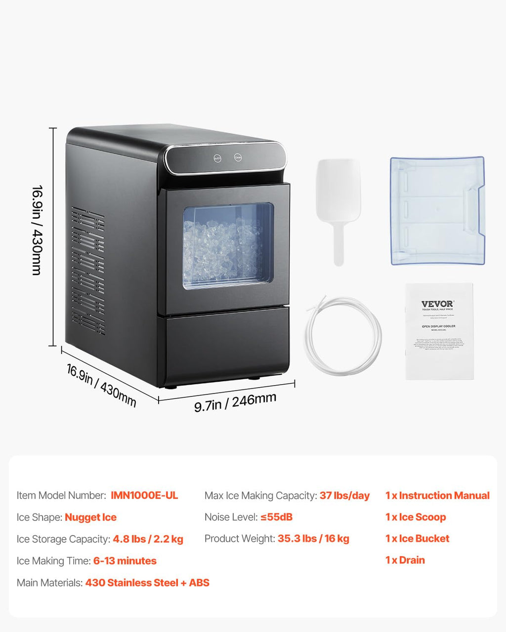 NEW Nugget Ice Maker, 37lbs/24H, with Self Cleaning, with Ice Scoop and Basket, Stainless Steel Ice Machine with Convenient Ice Transfer for Home Kitchen Office