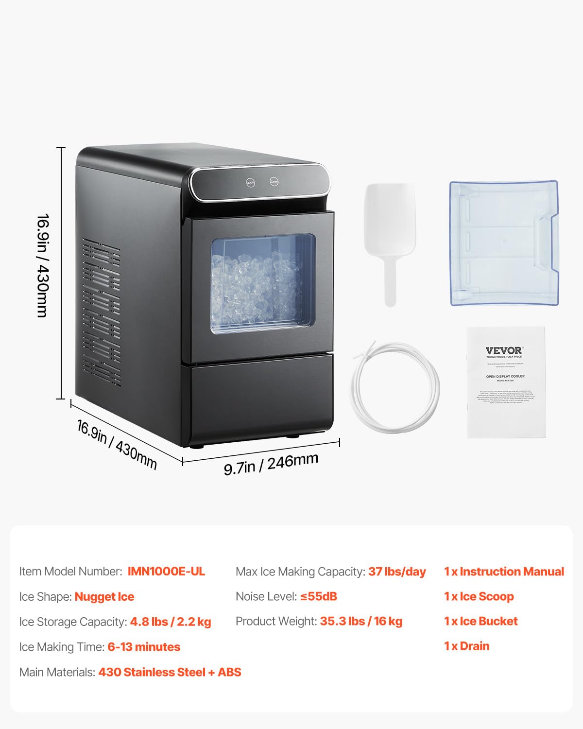 NEW Nugget Ice Maker, 37lbs/24H, with Self Cleaning, with Ice Scoop and Basket, Stainless Steel Ice Machine with Convenient Ice Transfer for Home Kitchen Office