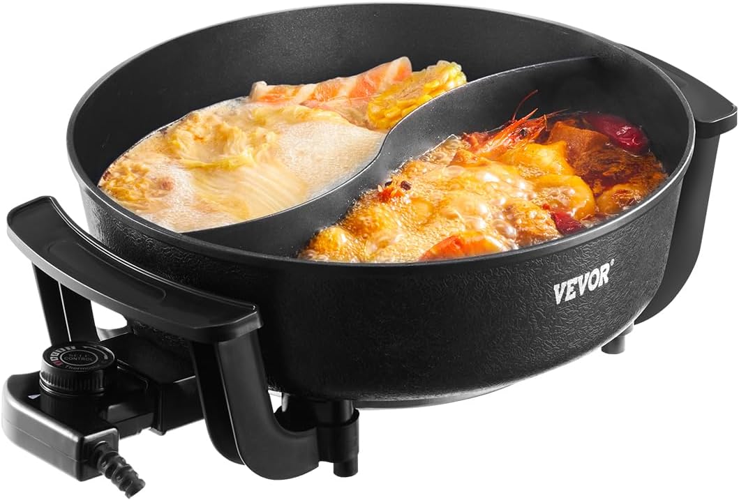 NEW Electric Hot Pot, 1360W 5 L Double-flavor Shabu Shabu Pot, Non-Stick Electric Cooker with Divider, Clear Glass Lid, Temperature control, Chinese Hotpot for 6-10 People Family Dinning & Party