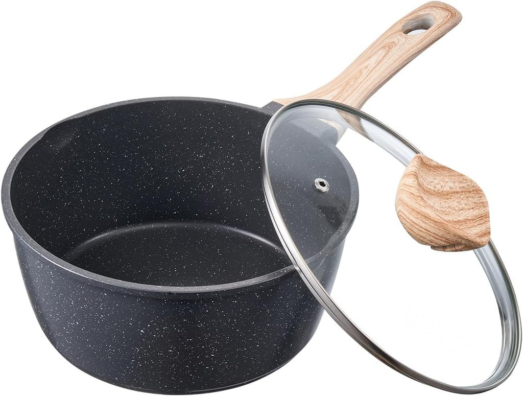 NEW 1.5 QT Saucepan, Nonstick Saucepan with Tempered Glass Lid, Multipurpose Cooking Sauce Pot with Detachable Handle, Sauce Pan Small Kitchen Cooking Pot with Coating, Induction Compatible, Black