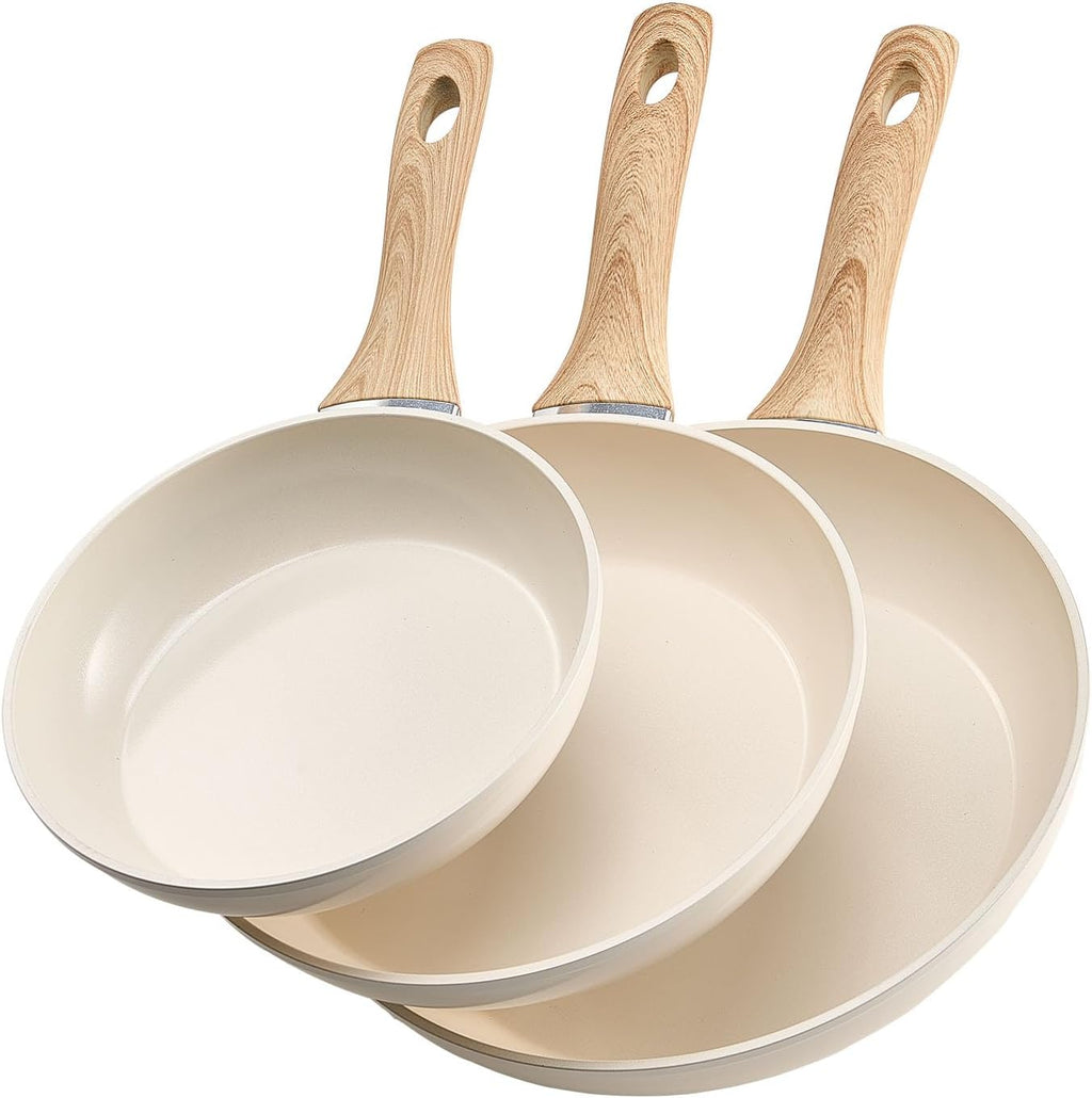 NEW Frying Pan Skillet, Aluminum Egg Fry Pans, 3 Piece (8, 9.5, 11 in), Nonsitck Ceramic Heavy-Duty Skillets with Heat-Resistant Handle, Chef's Kitchen Cookware for Gas, Electric, Induction, Beige