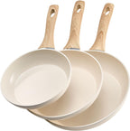 NEW Frying Pan Skillet, Aluminum Egg Fry Pans, 3 Piece (8, 9.5, 11 in), Nonsitck Ceramic Heavy-Duty Skillets with Heat-Resistant Handle, Chef's Kitchen Cookware for Gas, Electric, Induction, Beige