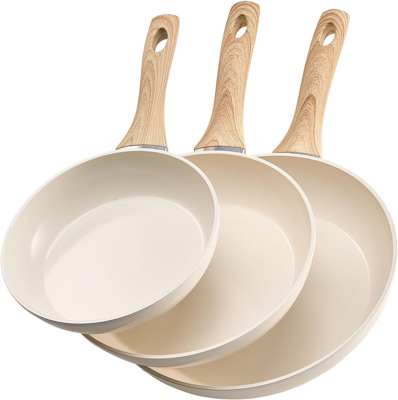 NEW Frying Pan Skillet, Aluminum Egg Fry Pans, 3 Piece (8, 9.5, 11 in), Nonsitck Ceramic Heavy-Duty Skillets with Heat-Resistant Handle, Chef's Kitchen Cookware for Gas, Electric, Induction, Beige