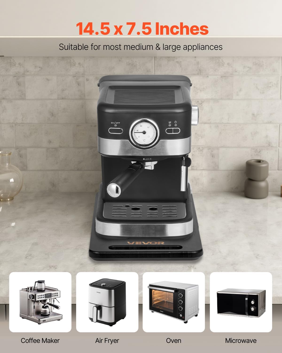 NEW  Appliance Slider, Small 14.5 x 7.5-inch, Rolling Sliding Tray with Silent Rubber Wheels & Hollow Handle, Easy to Clean, Appliance Rolling Tray for Coffee Maker, Kitchen Countertop, Black