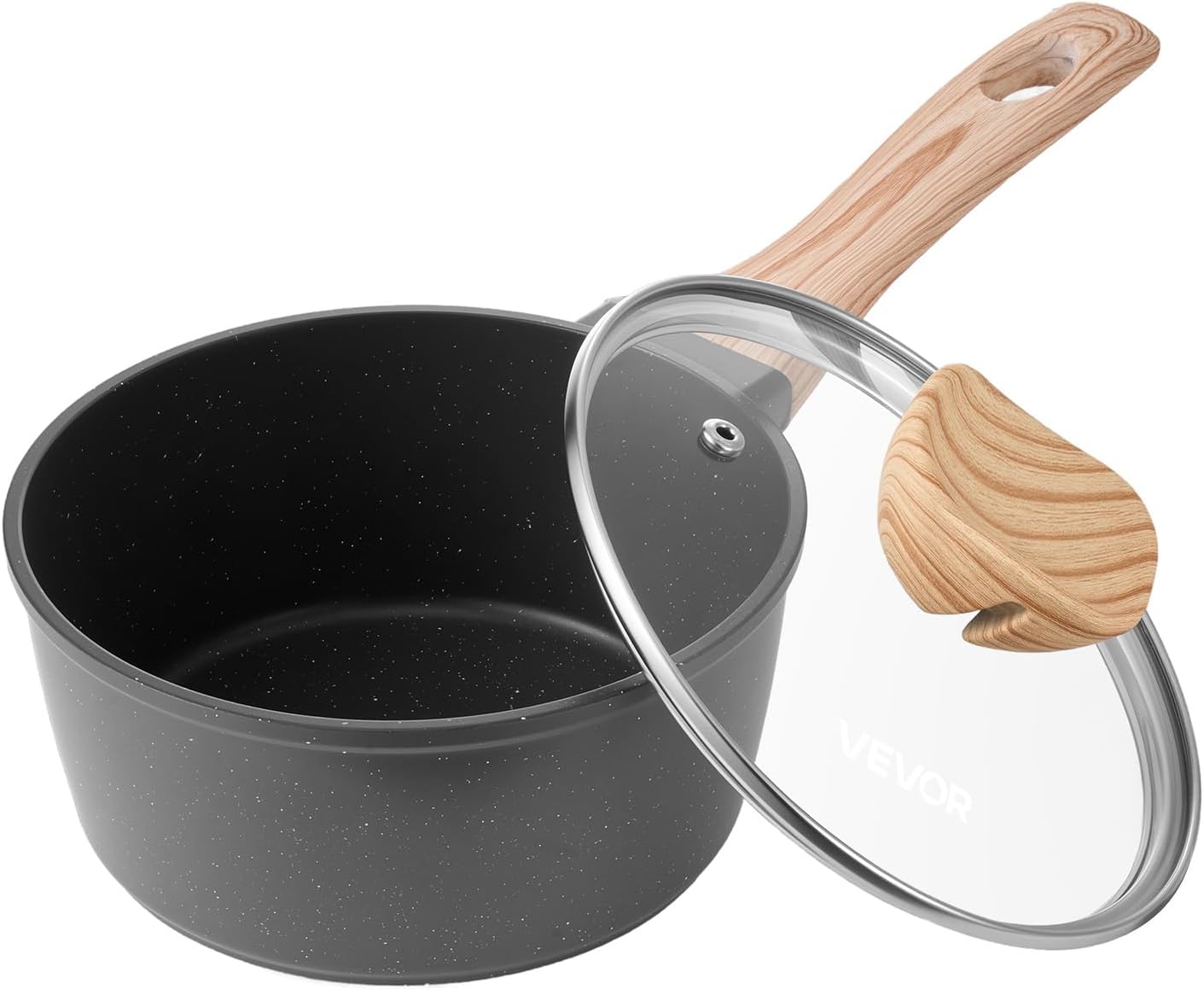 NEW 1.5 QT Saucepan, Nonstick Saucepan with Tempered Glass Lid, Multipurpose Cooking Sauce Pot with Detachable Handle, Sauce Pan Small Kitchen Cooking Pot with Coating, Induction Compatible, Black