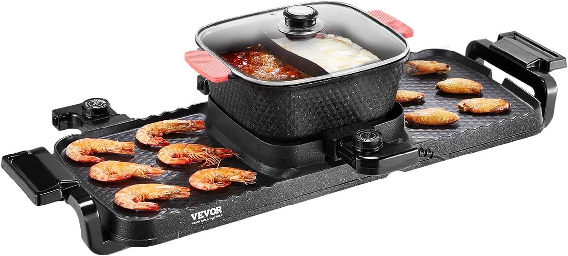 NEW Hot Pot with Grill, 2200W 2-in-1 Electric Smokeless Grill and Hot Pot, Korean BBQ Shabu Shabu Hotpot with Separate Dual Temperature Control, Non-stick Pan, for 1-6 People Family Dinning