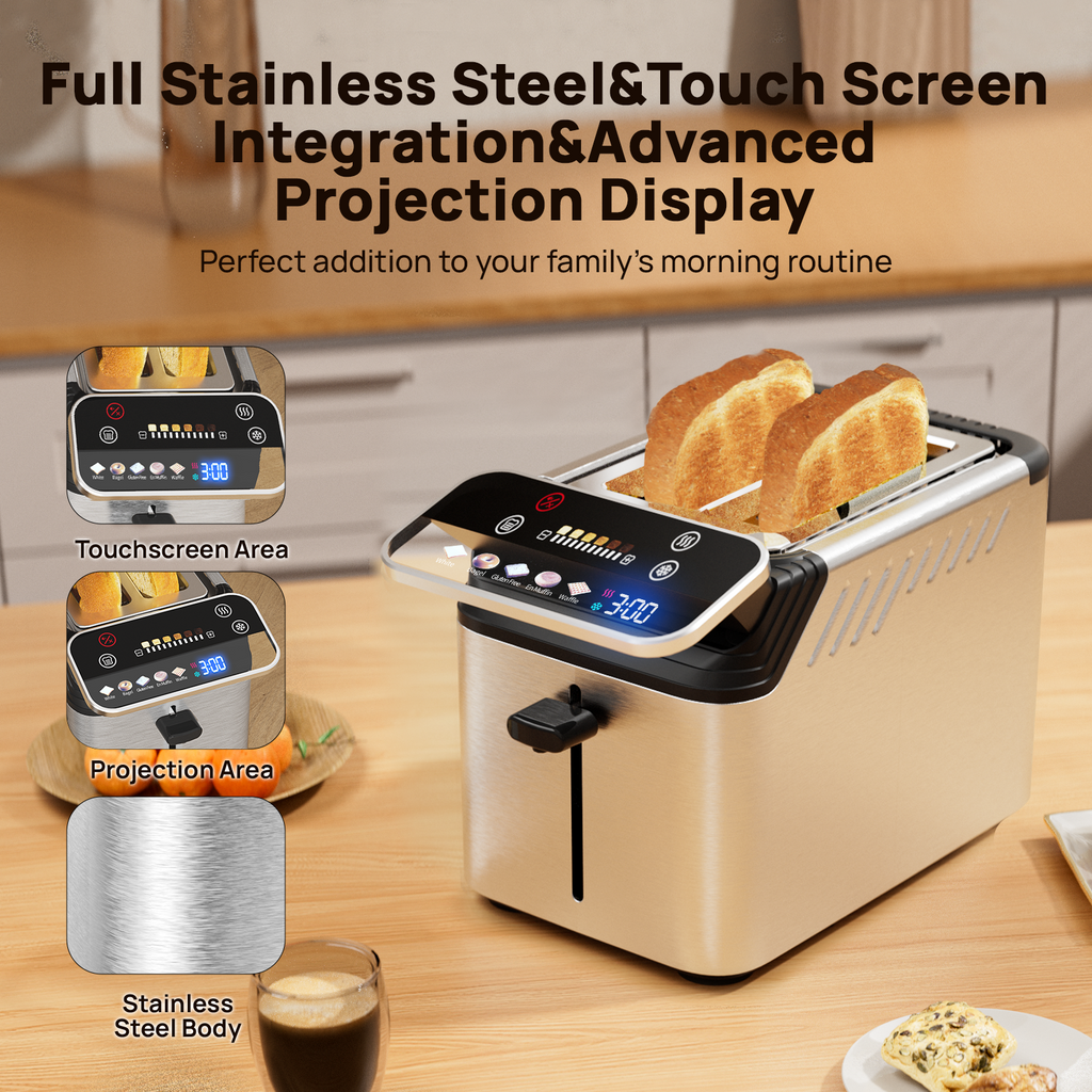 WhallPro® Stainless Steel Smart Toaster, 2 Slice | Projection Touchscreen, 1.5" Extra-Wide Slots, Digital Timer, Reheat & Defrost, Warming Rack, Removable Crumb Tray