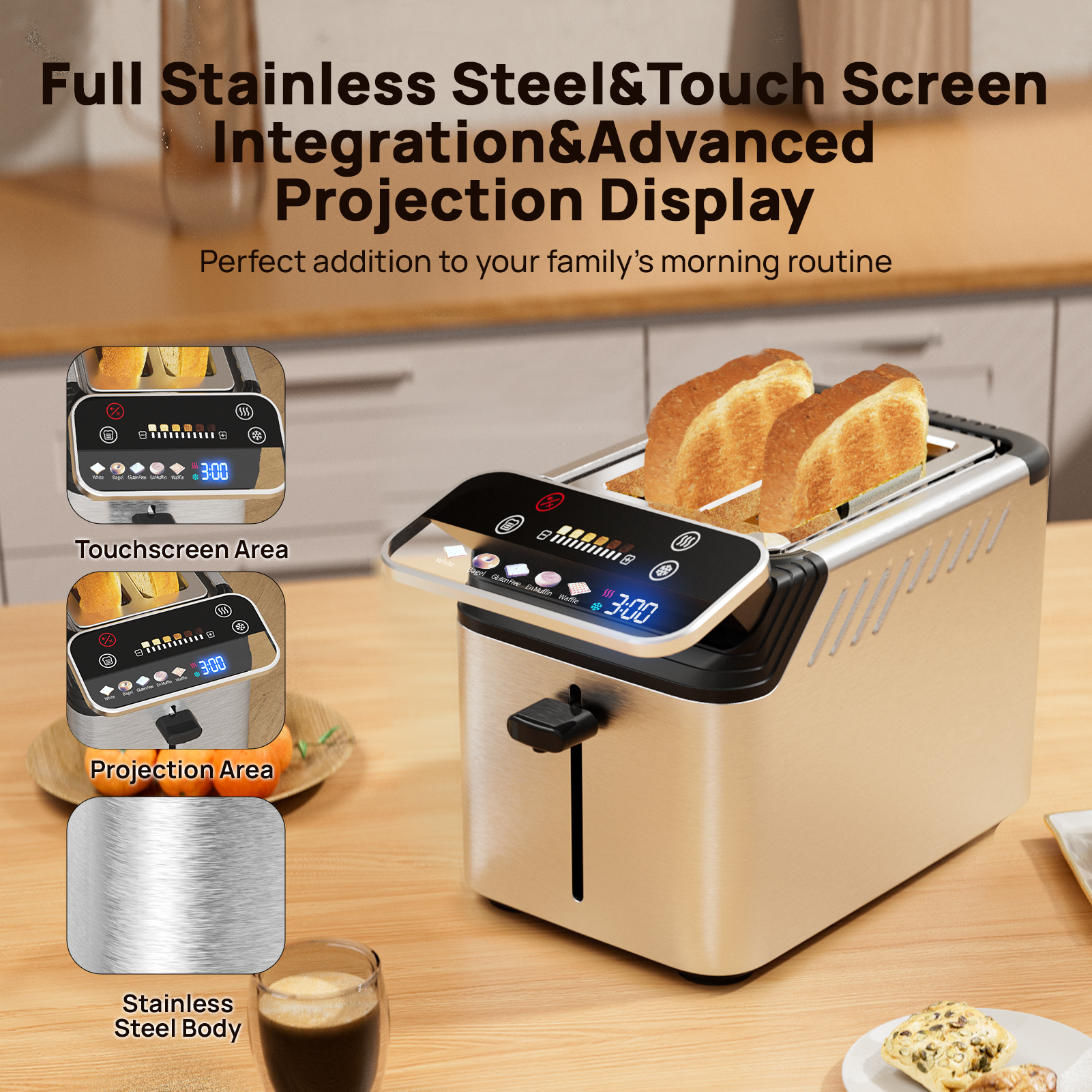 WhallPro® Stainless Steel Smart Toaster, 2 Slice | Projection Touchscreen, 1.5" Extra-Wide Slots, Digital Timer, Reheat & Defrost, Warming Rack, Removable Crumb Tray