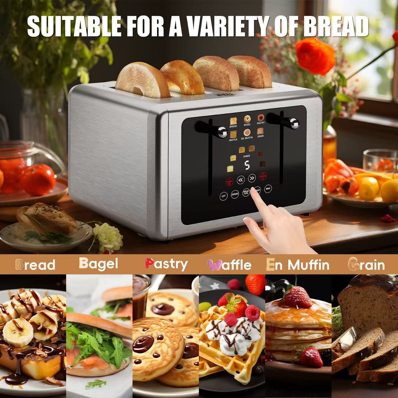 WhallPro® Touch Screen Toaster 2 & 4 Slice | Stainless Steel, Digital Timer, Sound | 6 Bread Types & Shades