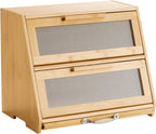 NEW Double Layer Bread Box for Kitchen Counter, Large Capacity Bamboo Bread Storage Container, Farmhouse Wooden Breadbox for Homemade Bread, Storage Holder Bin with Acrylic Wavy Door Panel, Natural